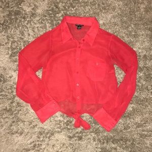 See through tie long sleeve crop top